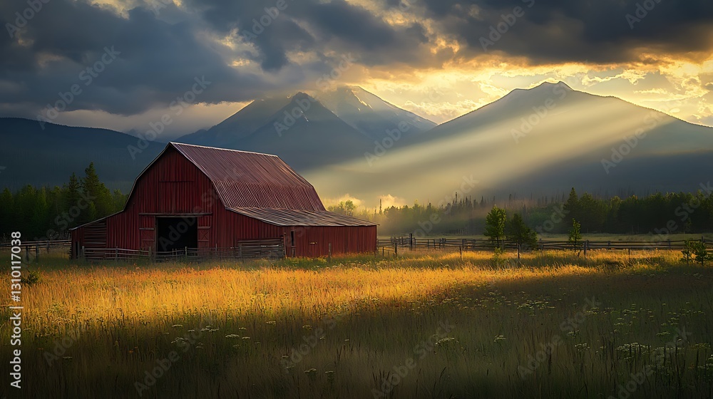 Red barn sunset mountain meadow beams Red barn sunset mountain meadow beams