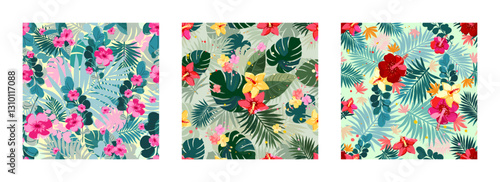 A set of seamless patterns with tropical plants and flowers. Spring, summer bright background.