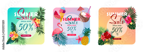 Coupons, summer discount and sale badges. Bright design with flowers, flamingos, fruit and ice cream.