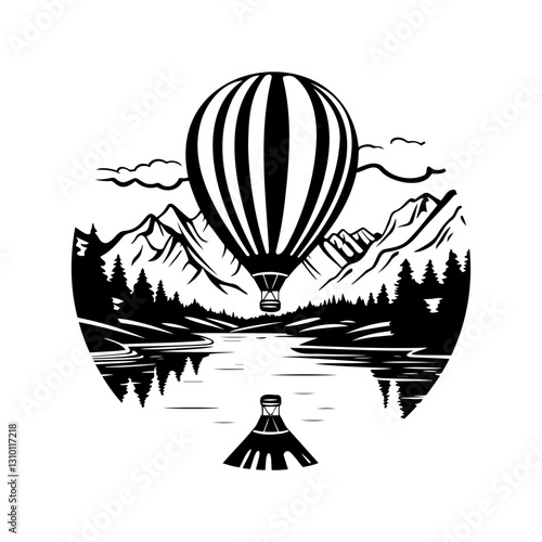 Balloon flies against the backdrop of a beautiful mountain landscape. Aerostat flies in the sky against the backdrop of high mountains and green fields. Hot air balloon vector illustration.