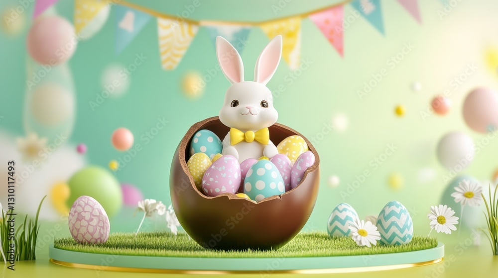 Obraz premium Cute easter bunny in chocolate egg surrounded by colorful pastel eggs and festive bunting