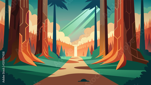 Take a guided virtual stroll through a towering redwood forest breathing in the fresh pinescented air.. Vector illustration