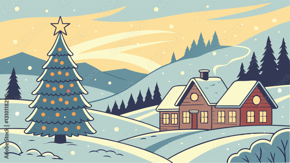 Fototapeta premium Festive winter landscape with a village in the background and festive SVG, Christmas tree in the foreground SVG. Illustration can be used as a Christmas holiday card AI, Day, EPS, PNG, JPEG File.