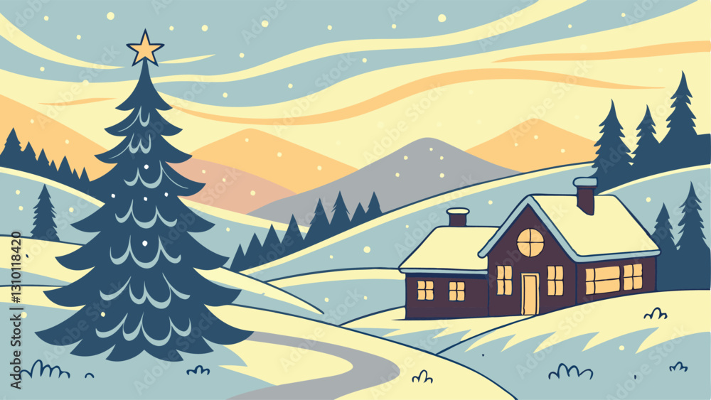 Fototapeta premium Festive winter landscape with a village in the background and festive SVG, Christmas tree in the foreground SVG. Illustration can be used as a Christmas holiday card AI, Day, EPS, PNG, JPEG File.