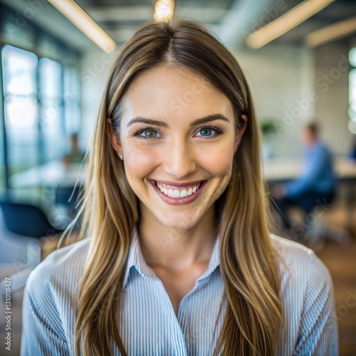 Free Download Smiling young woman gazing directly at the camera, radiating happiness - GFXLoad