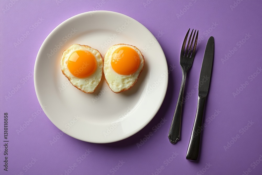 A purple background featuring a heart-shaped plate with fried eggs A purple background featuring a heart-shaped plate with fried eggs