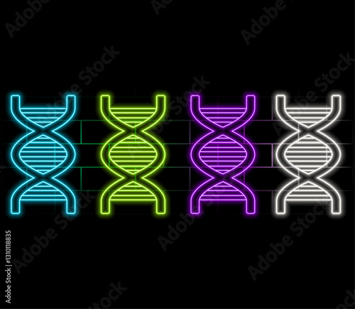 Outline neon DNA icon. Glowing neon DNA helix sign, gene pictogram. DNA spiral and structure, hereditary gene, genetic mutation, healthy genome, genetic engineering. Vector icon set, symbol for UI