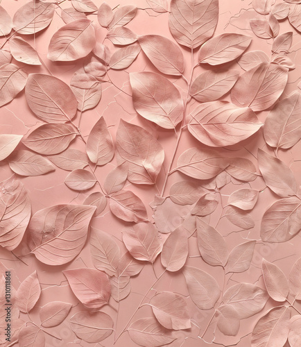 A close-up view of textured, blush pink leaves arranged on a smooth, pastel pink backdrop.