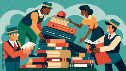 A group of vintage train enthusiasts pouring over a stack of old magazines and manuals eager to learn more about their beloved hobby.. Vector illustration