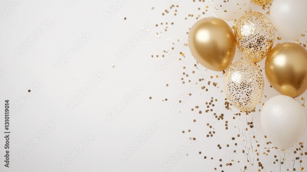 Gold and white balloons with confetti on white background for celebration party. National Give a Bunch of Balloons Month Gold and white balloons with confetti on white background for celebration party. National Give a Bunch of Balloons Month