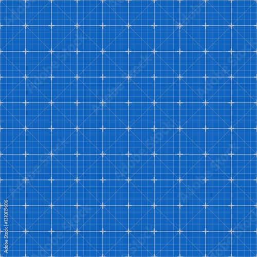 Seamless blue print pattern texture with grid lines and diagonal markings. 