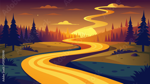 The winding path of the Virtue Path is illuminated with warm golden light and leads towards a serene secluded clearing where one can contemplate the. Vector illustration