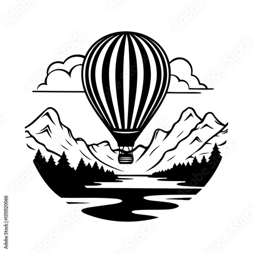 Balloon flies against the backdrop of a beautiful mountain landscape. Aerostat flies in the sky against the backdrop of high mountains and green fields. Hot air balloon vector illustration.