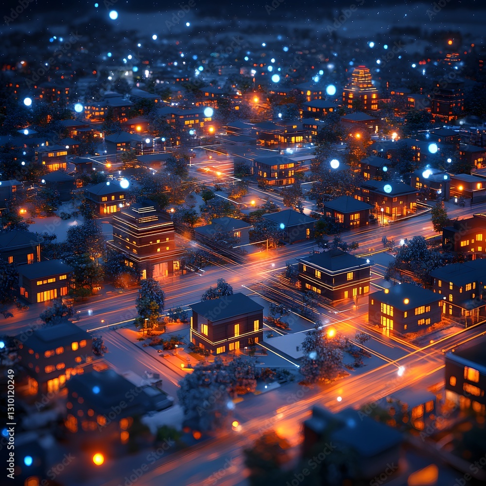 Smart City Network: Digital Community Connectivity, IoT Data Transactions, High-Tech Suburban Homes at Night, Futuristic Urban Concept. Generative Ai Smart City Network: Digital Community Connectivity, IoT Data Transactions, High-Tech Suburban Homes at Night, Futuristic Urban Concept. Generative Ai