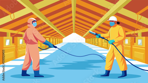 Workers donning protective suits and using special tools to apply spray foam insulation to the ceiling of a large warehouse creating a highly. Vector illustration