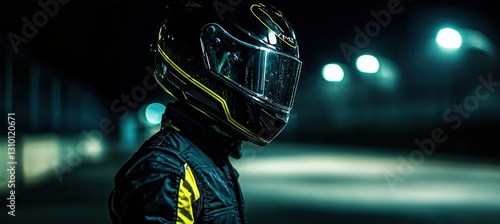 Side and back view of a race car driver at a racetrack.