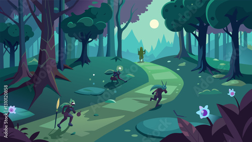 The enchanted forest of Faerieland is home to a mystical trail run where players must dodge spells and outwit tricky forest creatures along the way.. Vector illustration