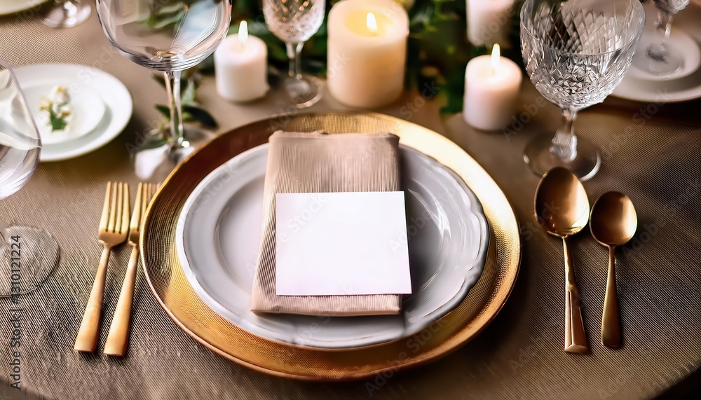 Timeless Elegance A Blank Canvas Awaits at the Enchanting Wedding Reception, Showcasing Opulent Tableware Surrounded by Warm Neutral Tones, Setting the Stage for Memorable Moments. Timeless Elegance A Blank Canvas Awaits at the Enchanting Wedding Reception, Showcasing Opulent Tableware Surrounded by Warm Neutral Tones, Setting the Stage for Memorable Moments.