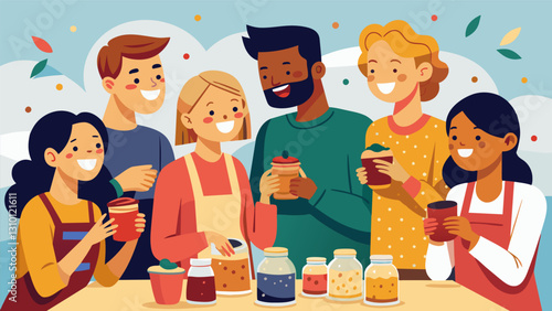 A group of friends share a laugh as they sample the delicious homemade jams and preserves offered by a local artisan at the flea market.. Vector illustration
