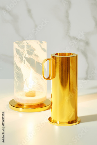 two decorative objects against a light, textured background. The object on the left appears to be a candle holder, featuring a frosted glass or translucent material forming a cylindrical shape