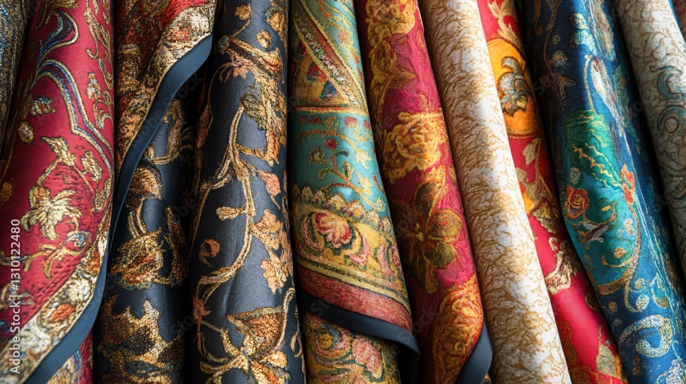Vibrant fabric drapes with intricate patterns Vibrant fabric drapes with intricate patterns