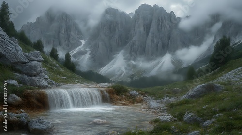 The cascading water flows through the misty mountain landscape