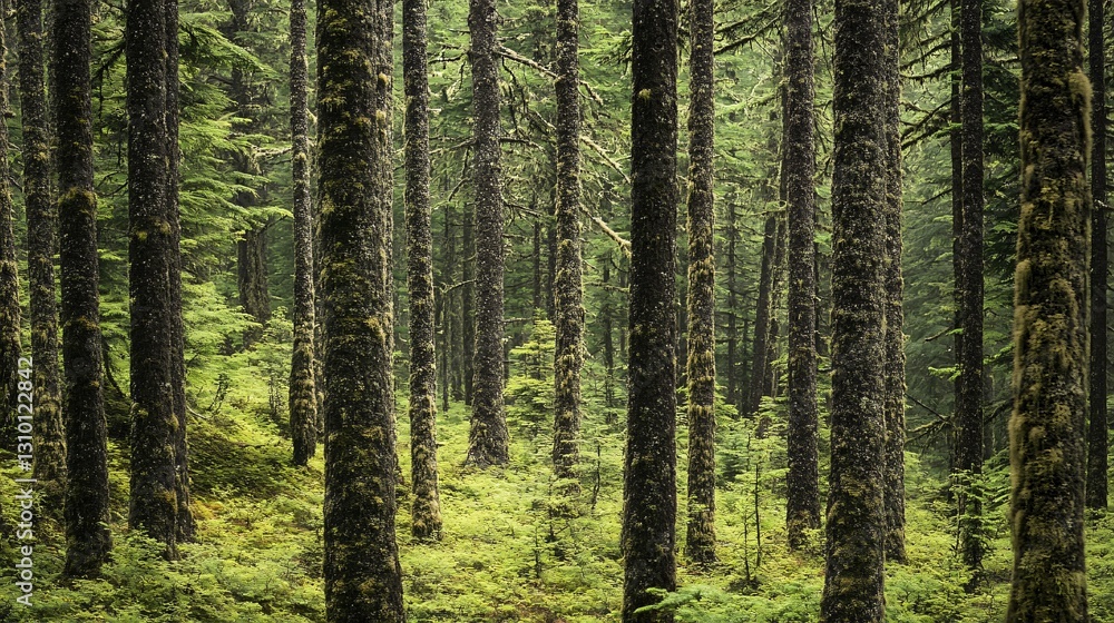Fototapeta premium Lush Conifer Trees in Forest - Wildlife Preserve