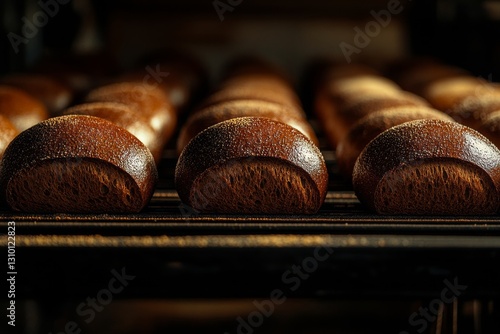 Freshly cooked bread progressing through the assembly line