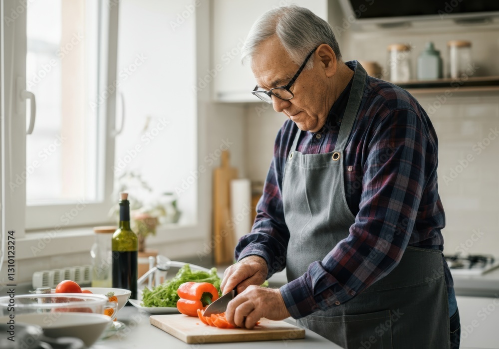 Senior man chopping fresh vegetables in a modern kitchen setting Senior man chopping fresh vegetables in a modern kitchen setting