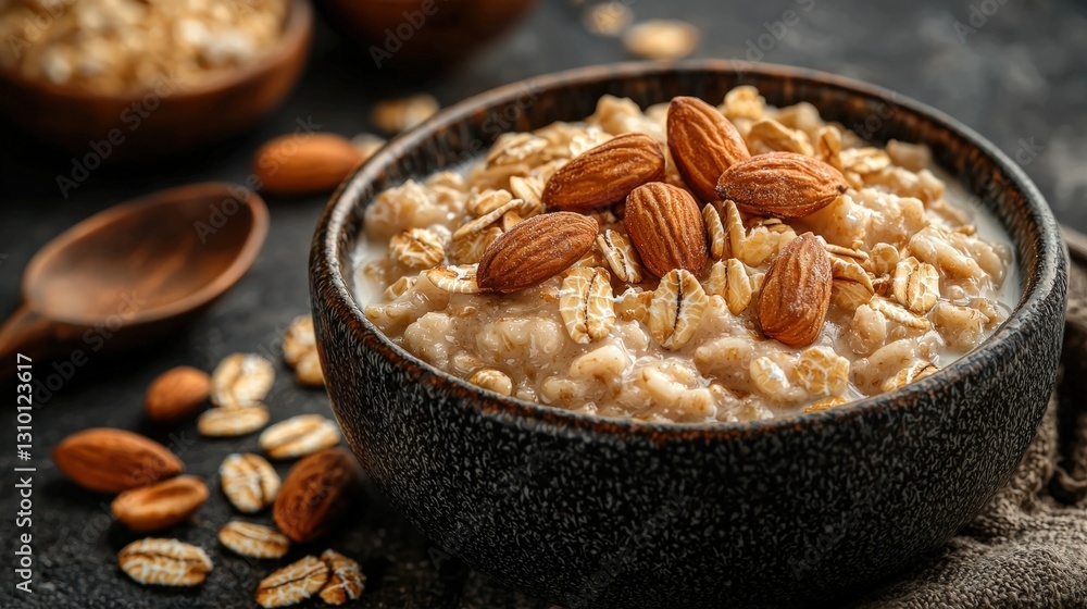 Healthy bowl of oats with milk served for a nutritious breakfast option perfect for starting the day right Healthy bowl of oats with milk served for a nutritious breakfast option perfect for starting the day right