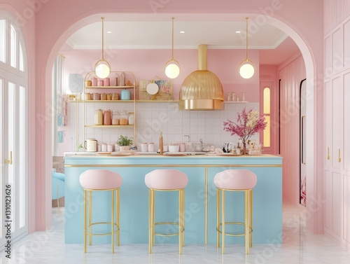 A pastel pink and blue interior kitchen with bar seating