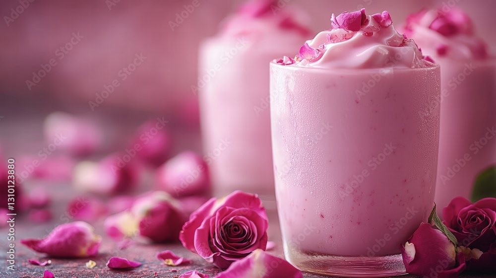 Delightful pink drink topped with whipped cream and fresh fruit served in a clear glass on a wooden table Delightful pink drink topped with whipped cream and fresh fruit served in a clear glass on a wooden table