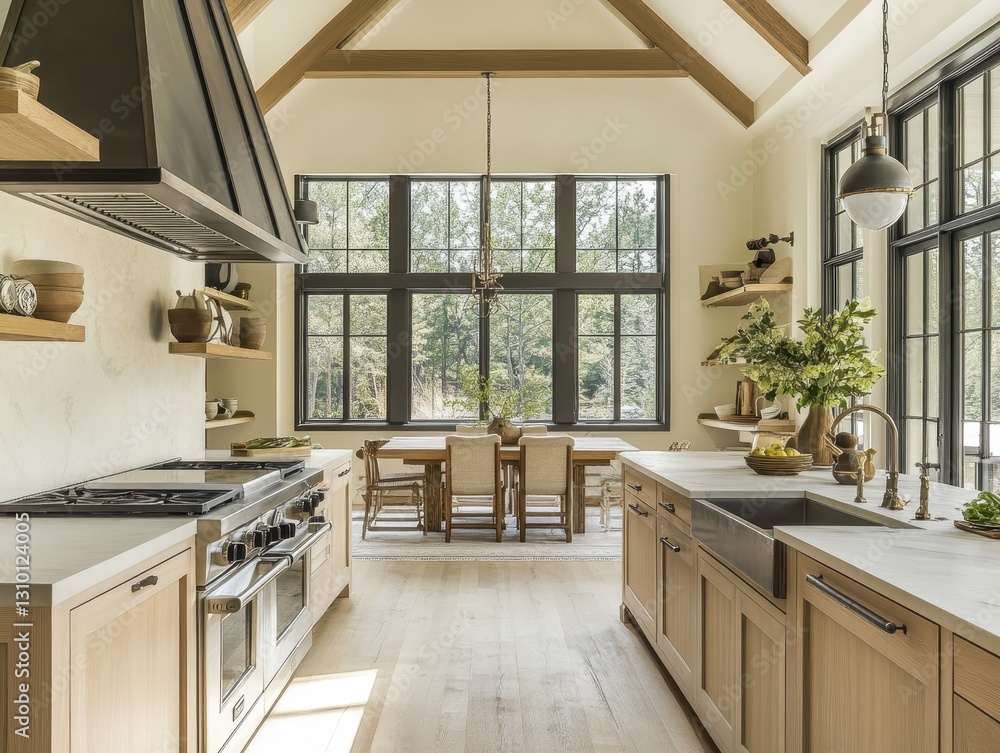 Bright and inviting kitchen interior with large windows and wooden details Bright and inviting kitchen interior with large windows and wooden details