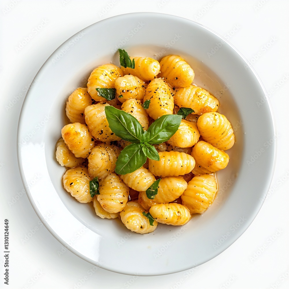 Delicious Buttery Gnocchi Pasta Dish with Basil Top View Delicious Buttery Gnocchi Pasta Dish with Basil Top View