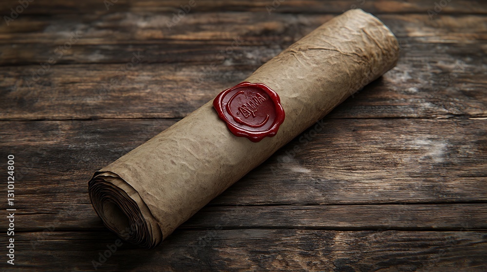 Sealed ancient scroll on rustic wood table Sealed ancient scroll on rustic wood table