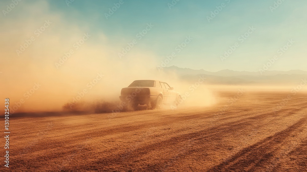 Fototapeta premium Car drifting on a desert road, kicking up dust.