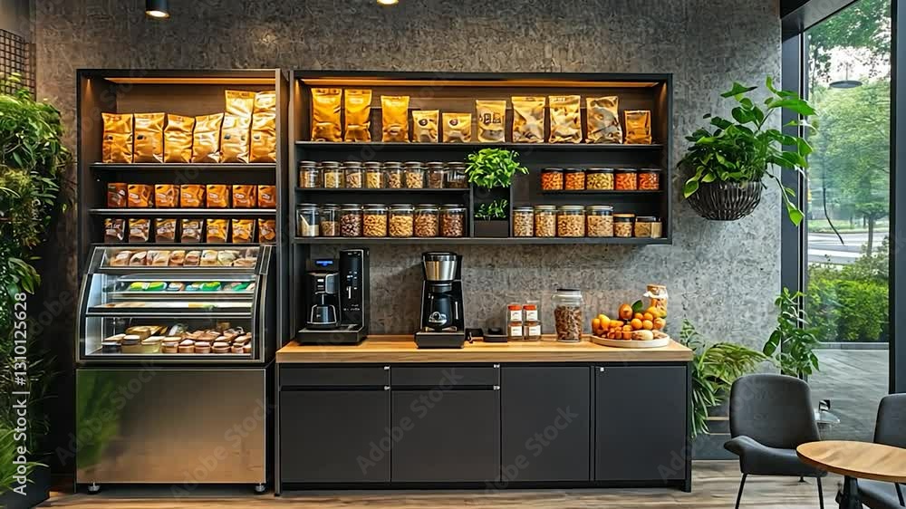 Modern Office Pantry with Snacks, Coffee, and Greenery