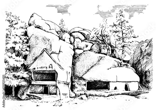 Monastery in the rocks of Ukraine. Line illustration of a mountain landscape, hand-drawn with pen and ink.Adobe Illustrator Artwork