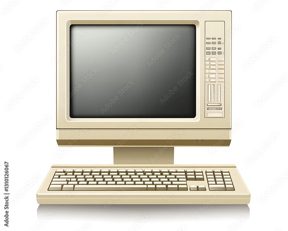 An ancient computer monitor and keyboard illustration in cream color An ancient computer monitor and keyboard illustration in cream color