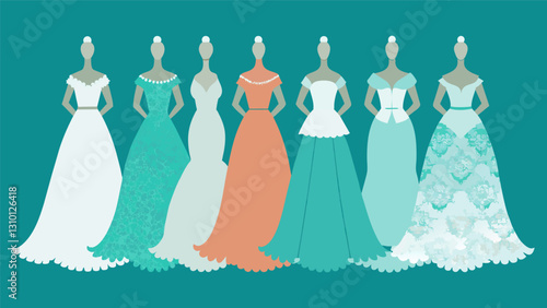 A lineup of ethereal wedding gowns constructed from vintage lace and promoting the idea of sustainable bridal wear.. Vector illustration