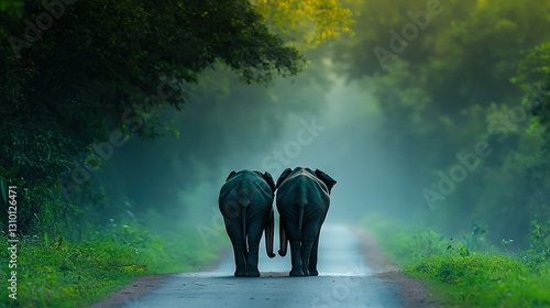  Elephants walk road amidst green grass and trees