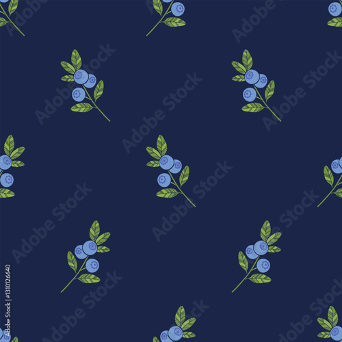 Blueberry.  Seamless pattern with wild berries on blue. Stylish vector floral background. Perfect for design templates, wallpaper, wrapping, fabric, print and textile.