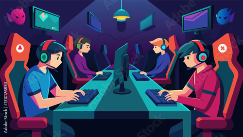 The tension in the room is palpable as two teams of young gamers go headtohead in a highlyanticipated esports match in the Youth Esports Tournament.. Vector illustration