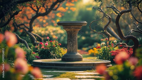 Wallpaper Mural Blooming garden at golden hour showcasing a serene stone fountain surrounded by vibrant flowers and intricate tree branches Torontodigital.ca