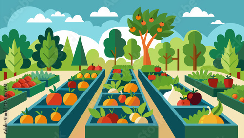 Cleverly arranged rows of vegetables herbs and fruits in a community garden displaying the skill and creativity of the gardeners as they cultivate. Vector illustration