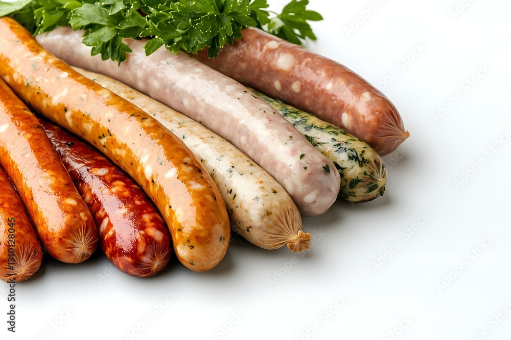 Variety of grilled sausages in different flavors, sizes on white background. Assorted meat with herbs, spices. Barbecue parties, catering services, butcher shops, food festivals. Horizontal banner Variety of grilled sausages in different flavors, sizes on white background. Assorted meat with herbs, spices. Barbecue parties, catering services, butcher shops, food festivals. Horizontal banner