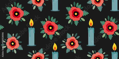Seamless dark vector pattern memorial day pastel colors floral poppies burning candles symbolizing honor, memory and tribute to fallen soldiers veterans vector design black background