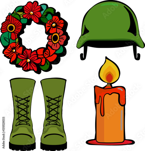 isolated vector elements for Memorial Day May 26 Military tribute with helmet, boots, candle and wreath of red poppies in honor of fallen soldiers and heroes, veterans