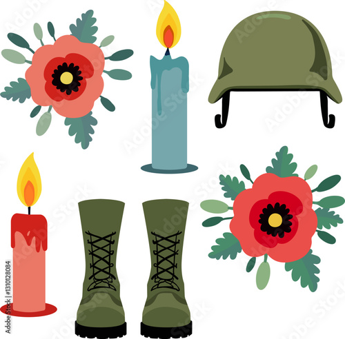 pastel vector elements for may 26th memorial day military symbols of honor with helmet, boots, burning candles and red poppies in memory of fallen soldiers veterans, sticker design illustration