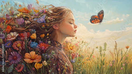 Girl Surrounded by Prairie Flowers, Embracing the Explosion of Colorful Patterns and Delightful Fragrance.